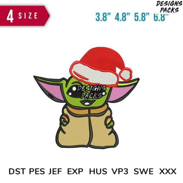 Baby Yoda in Santa hat embroidery design, available in multiple sizes and formats