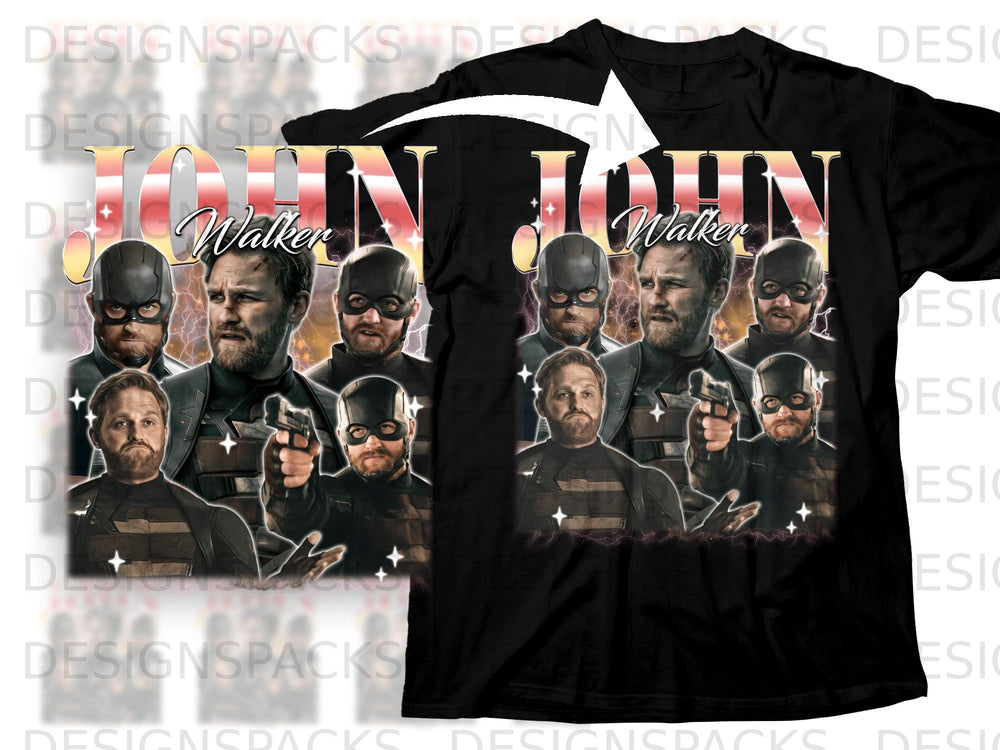 John Walker character collage with lightning and stars on a black t-shirt.