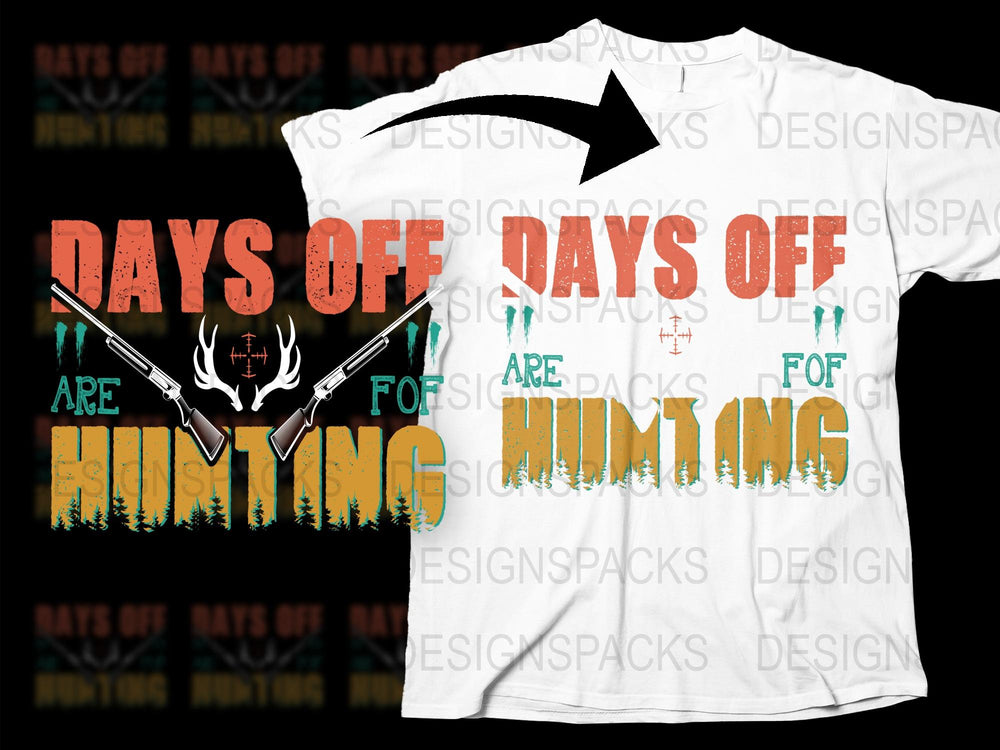 White Hunting T-Shirt, Deer Graphic, Sunset Camouflage, Days Off Are For Hunting Motif, Outdoor Gear