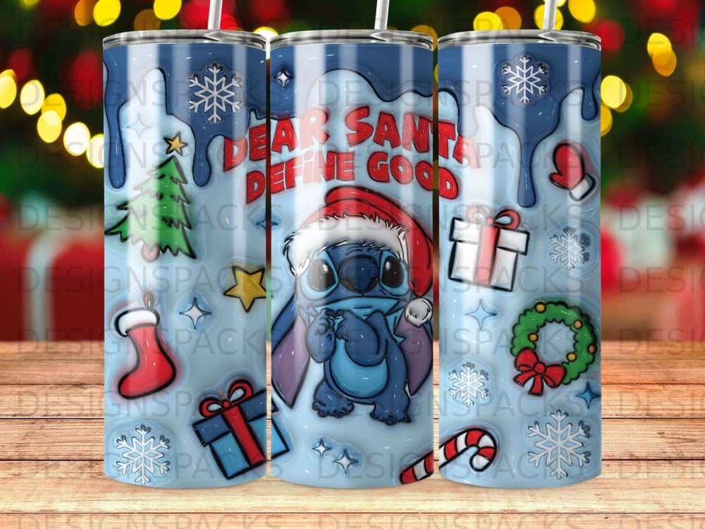 Stitch as Santa Claus on a blue tumbler with snowflakes and holiday icons.