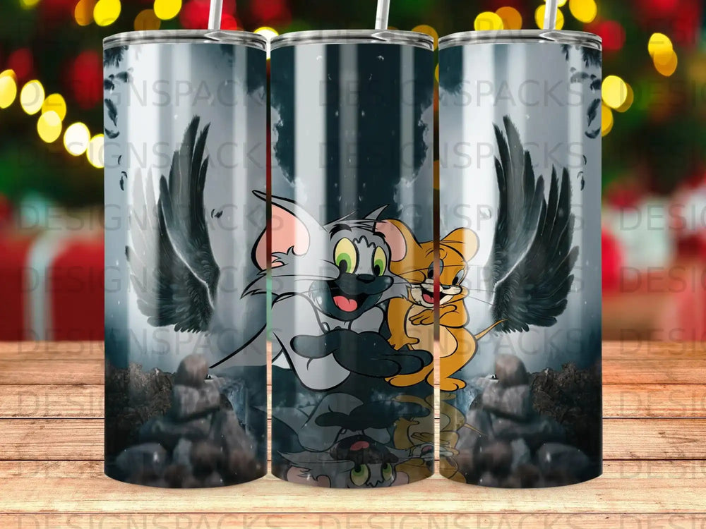 Tom and Jerry characters on a cylindrical tumbler with a reflective surface.