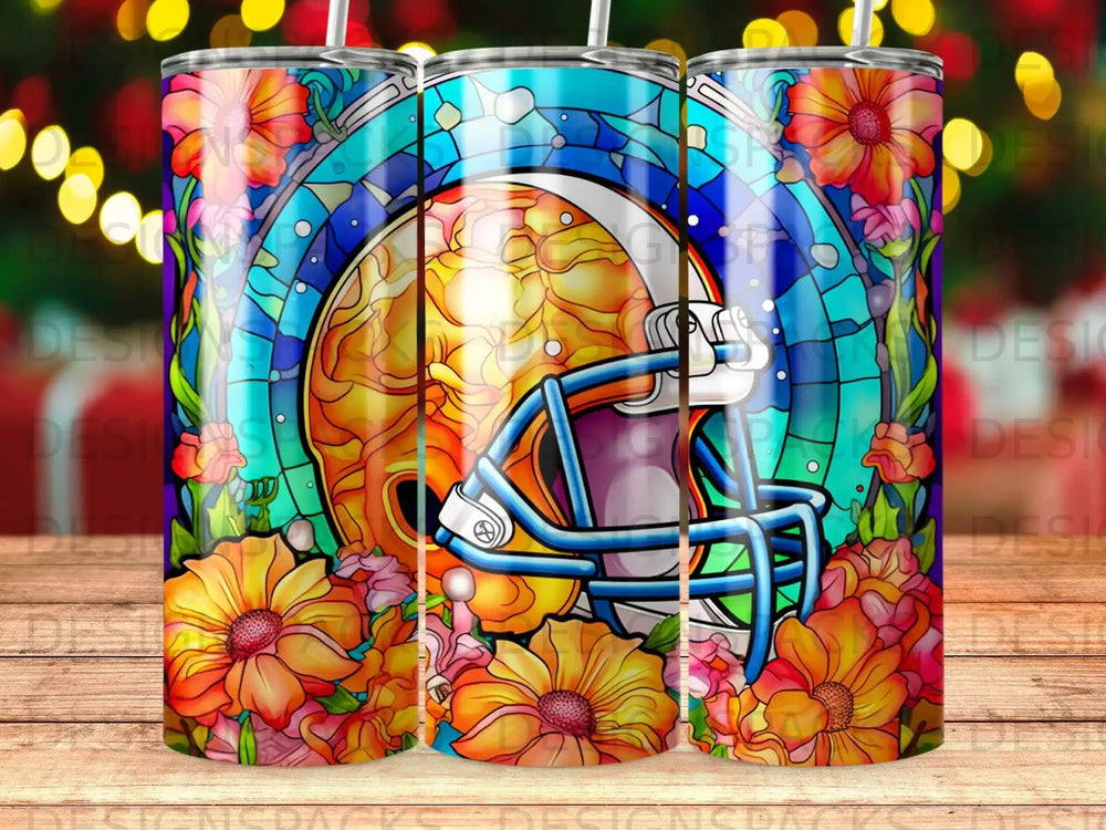 Stained glass football helmet with colorful floral border.