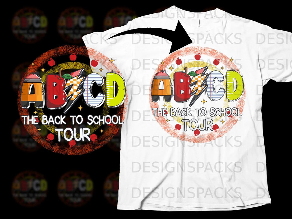"ABCD" graphic with apples and rulers, "The Back to School Tour" text.
