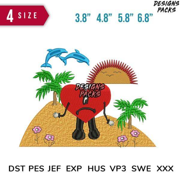 Embroidery design: heart character on tropical beach with dolphins, palm trees, sunset. Available in PES, DST, SVG formats.