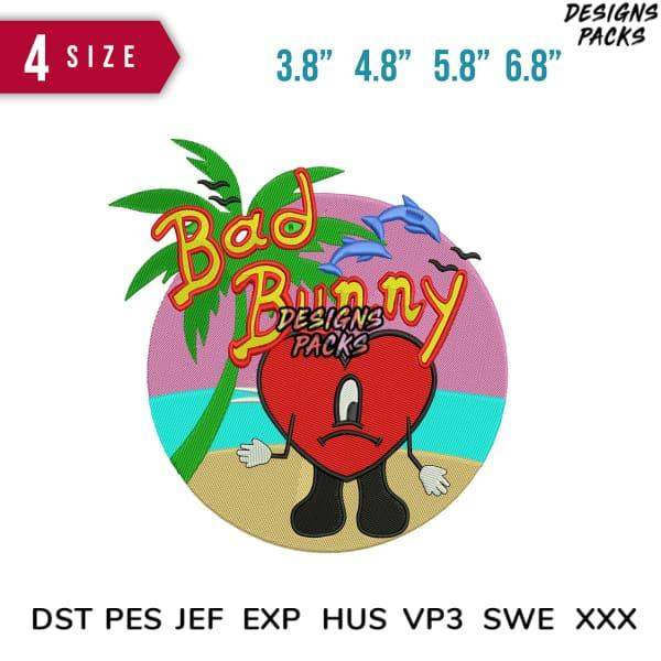 Bad Bunny beach design with palm tree, dolphins, and heart character for embroidery and DTG