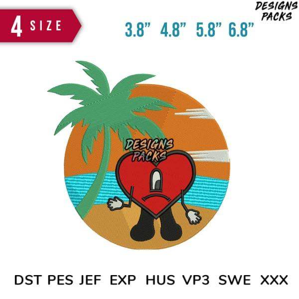 Embroidery design with heart character, palm tree, beach sunset, available in multiple sizes and formats