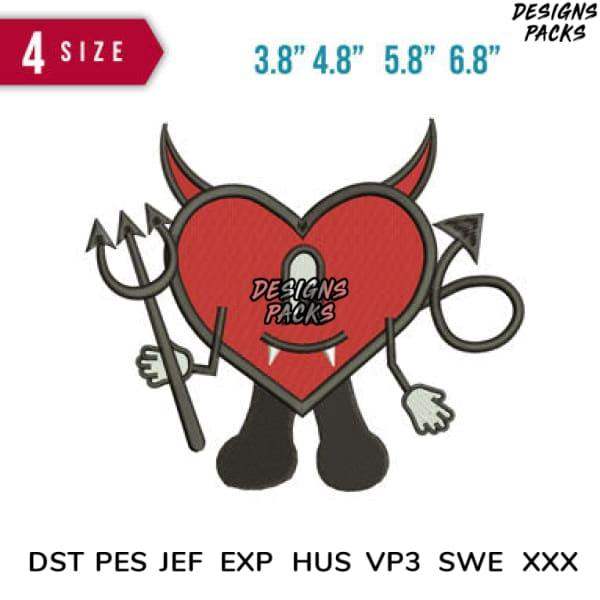 Devil heart embroidery design with horns, trident, tail — available in PES, DST, EXP formats for instant download