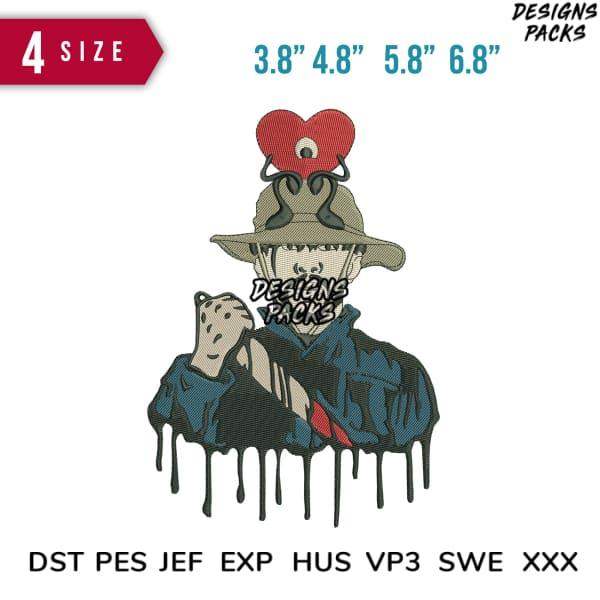 Embroidery design of cowboy with heart hat, 4 sizes, DST PES JEF formats, dripping ink effect