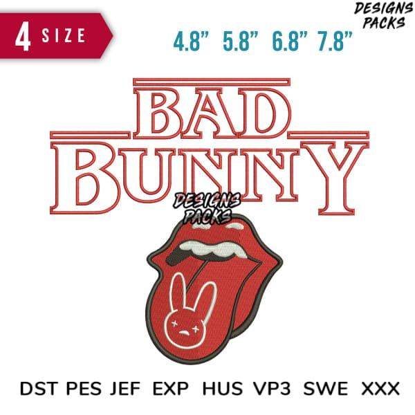Bad Bunny logo embroidery design with tongue and bunny face, available in multiple sizes and formats