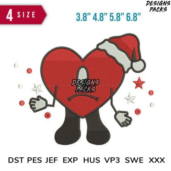Christmas heart embroidery design with Santa hat, 4 sizes, PES DST JEF formats