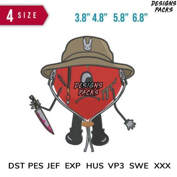 Embroidery design of red heart character with hat, knife, and 4 sizes in DST PES formats