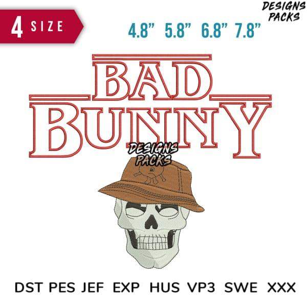 Bad Bunny skull design in hat, embroidery formats DST PES JEF EXP, 4 sizes 4.8" to 7.8" for instant download