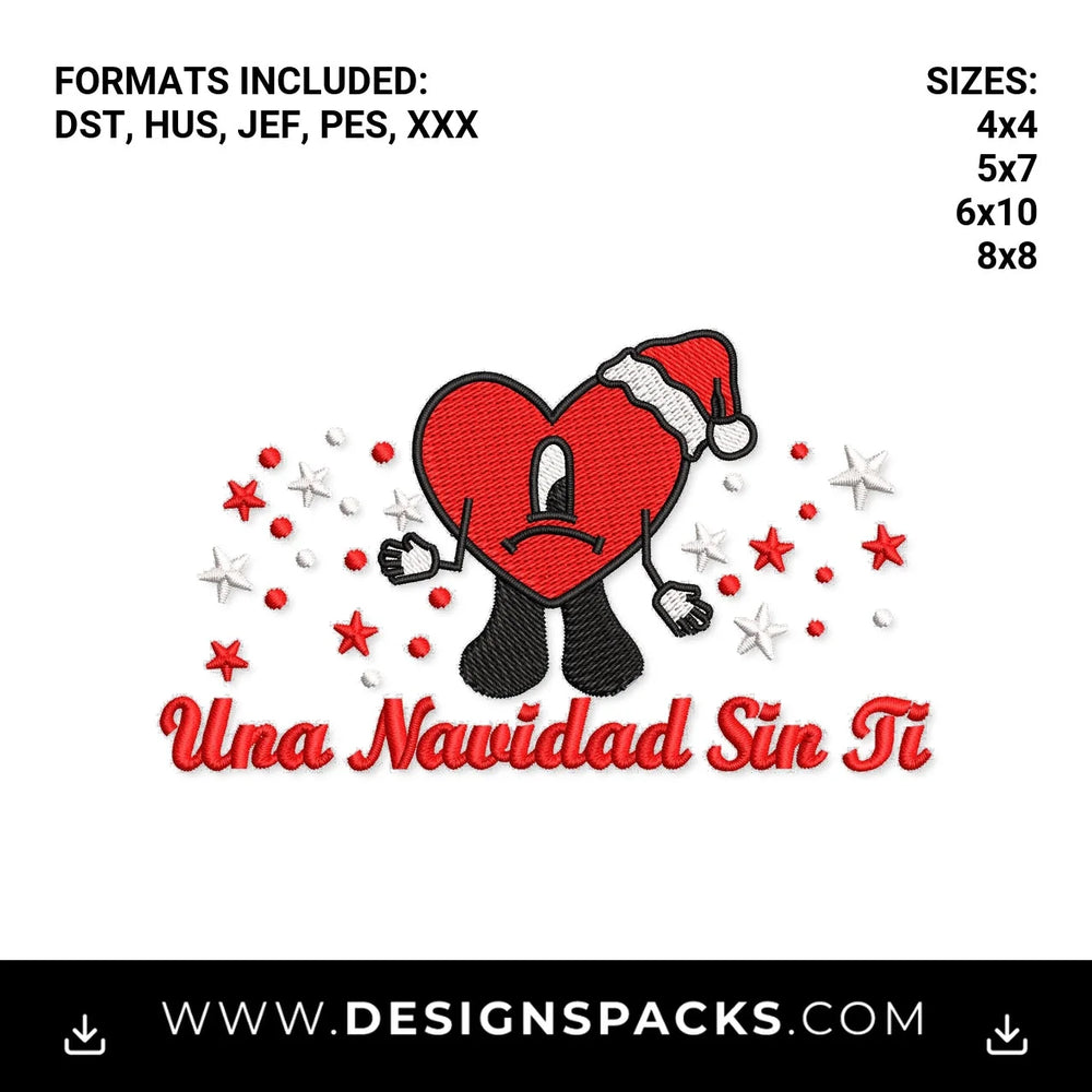 Bad Bunny Una Navidad Sin Ti Heart Embroidery Design - Instant digital download pattern at Designspacks.com