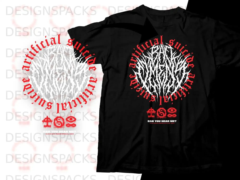 Black t-shirt with white and red "Artificial Suicide" graphic and "Can You Hear Me?" text.