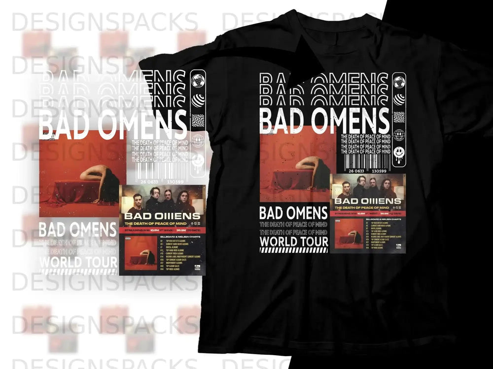 Bad Omens album art with tour dates and chart information.