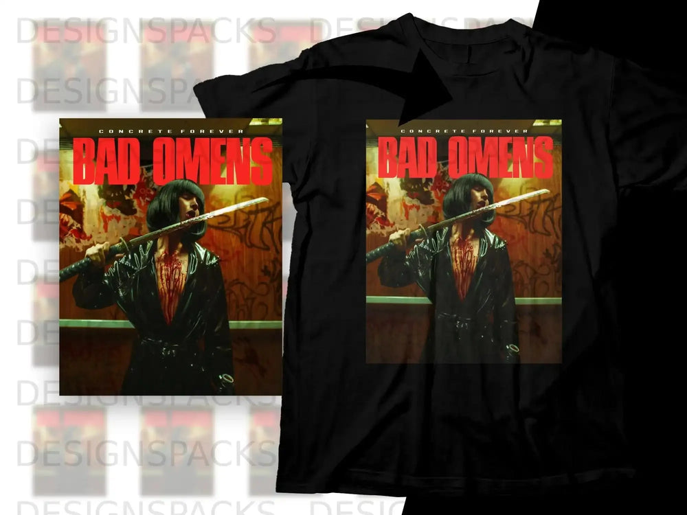 Black t-shirt featuring "Bad Omens" album art with a person holding a sword.