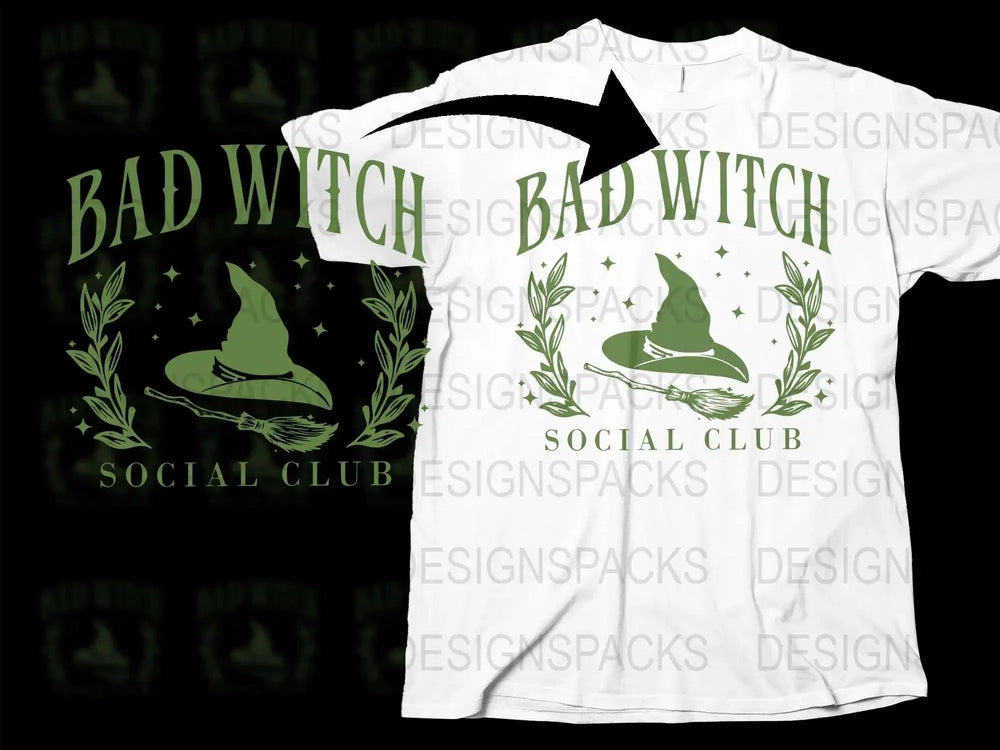 Bad Witch Social Club T-Shirt, Spooky Witch Hat Graphic Tee, Halloween Witchcraft Shirt, Women's Fashion Top