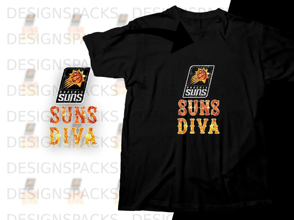 Black t-shirt with Phoenix Suns logo and "SUNS DIVA" in fiery text.