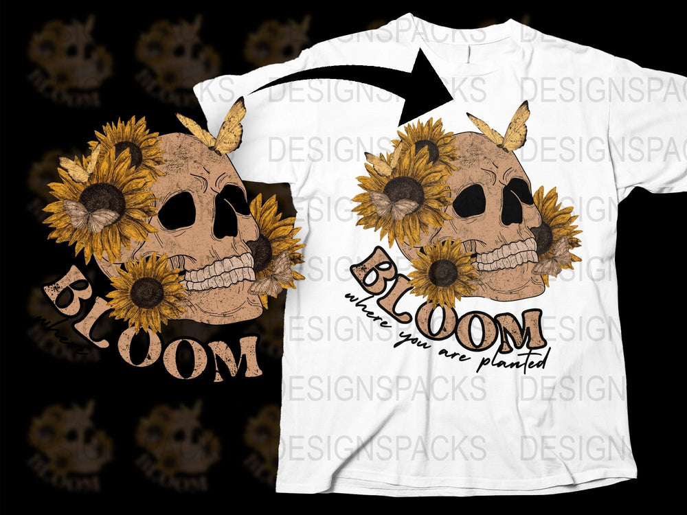 Sunflower Skull T-Shirt, Bloom Where You Are Planted, Floral Gothic Tee, Unique Graphic Design, Unisex Fashion Top