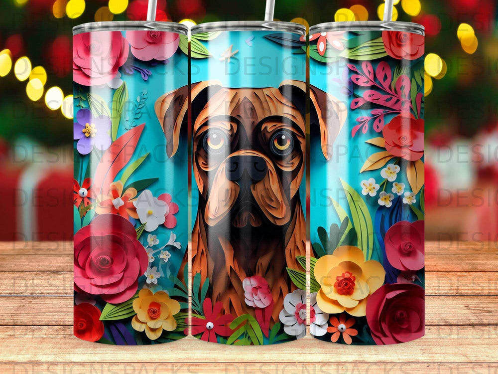 Boxer dog portrait surrounded by colorful paper flowers on a blue background.