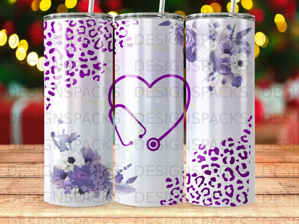 Three tumblers with leopard print and floral stethoscope design.