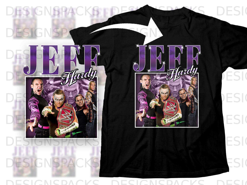Jeff Hardy t-shirt with wrestler images and title belt.