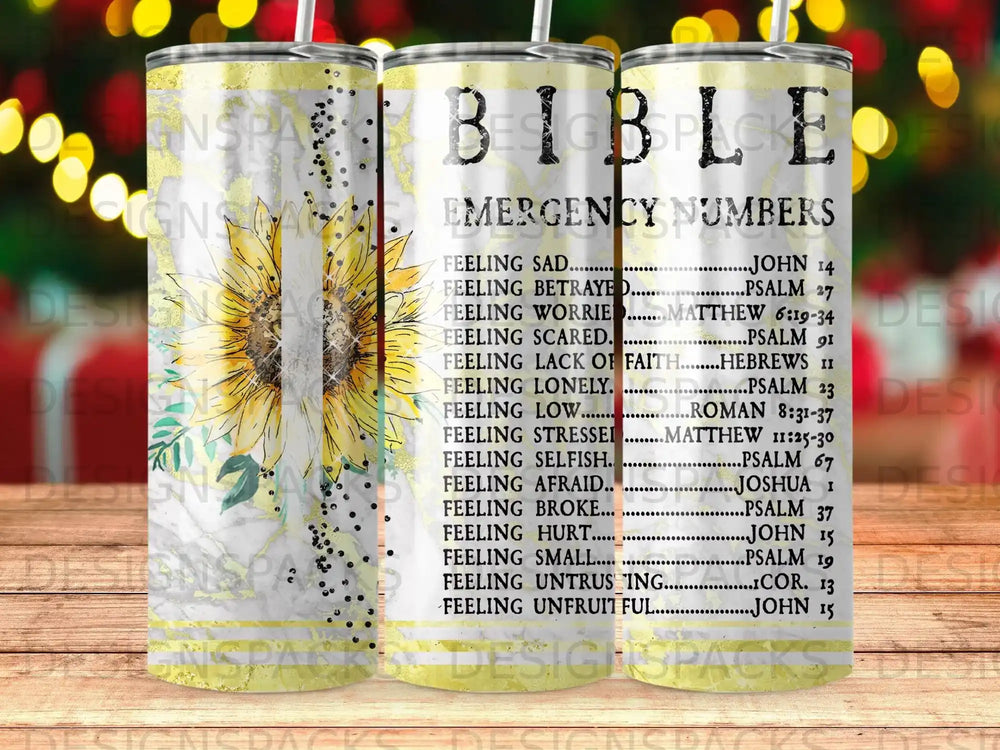 Tumbler with Bible verses and emergency numbers against a sunflower background.