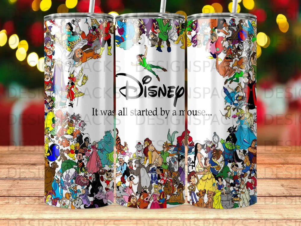 Disney characters surround text reading "It was all started by a mouse."