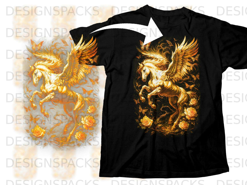 Black t-shirt with a golden pegasus and floral design.