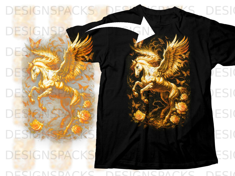 Black t-shirt with a golden pegasus and floral design.
