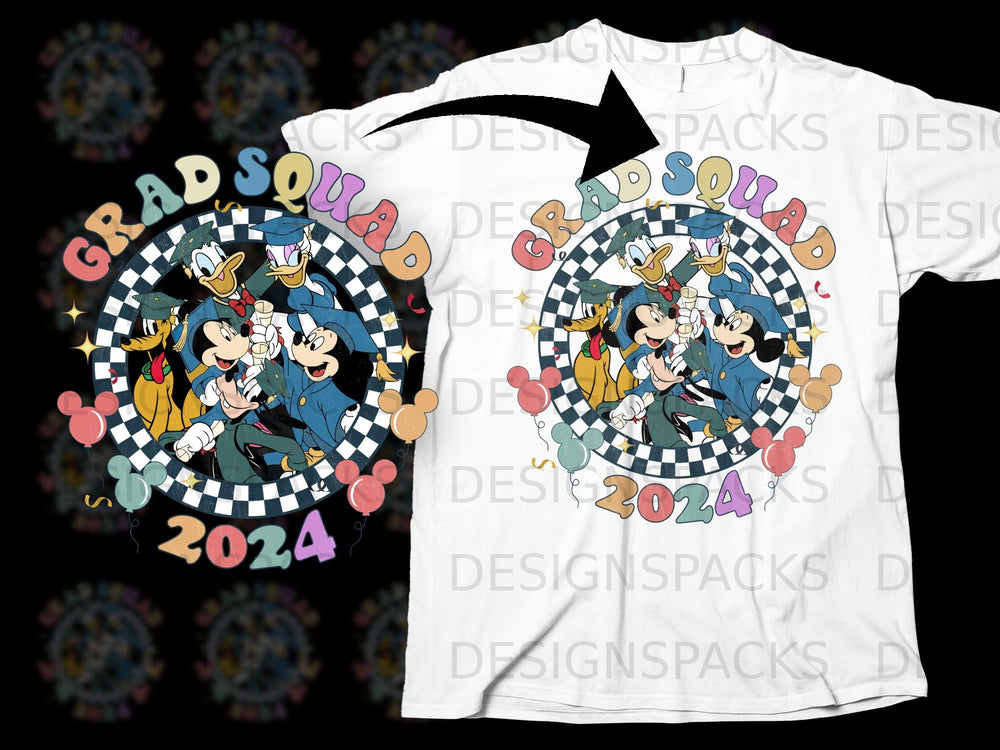 Mickey Mouse and friends wear graduation caps and gowns with "Grad Squad" and "2024" text.