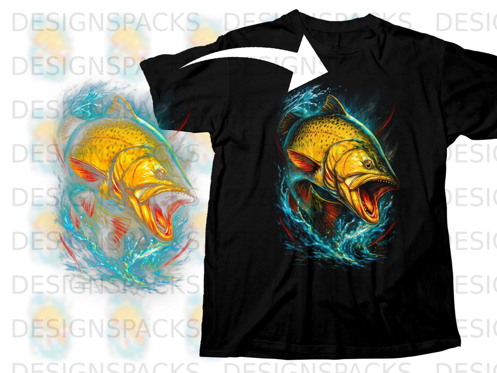 Black t-shirt with a vibrant graphic of a jumping golden fish amidst blue water splashes.