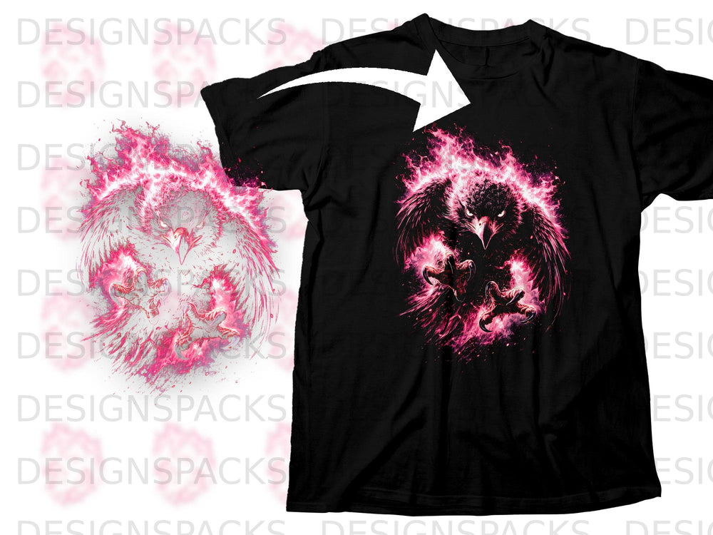 Black t-shirt with a fiery pink eagle graphic on the front.