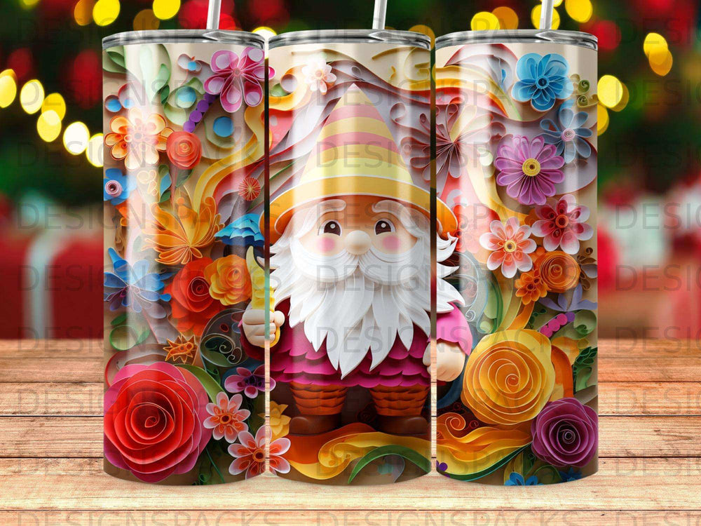 Gnome wearing pink hat and shirt, surrounded by colorful paper flowers.