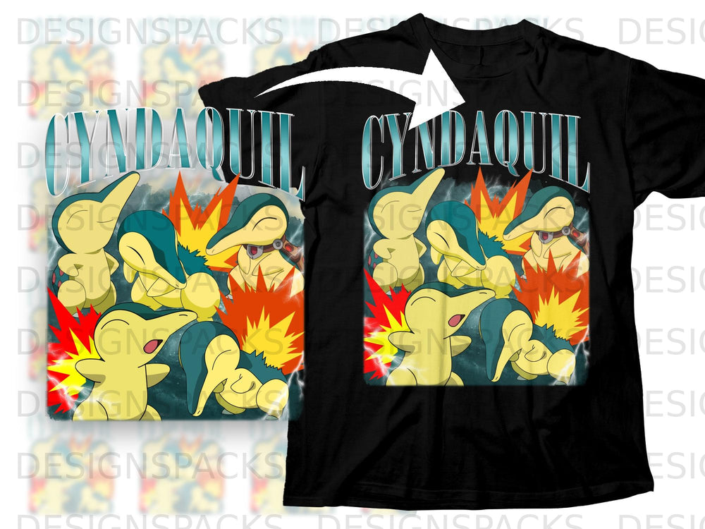 Black t-shirt with a graphic featuring multiple Cyndaquil Pokemon characters and "CYNDAQUIL" text.