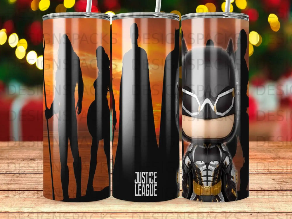 Justice League silhouette with Batman figurine.