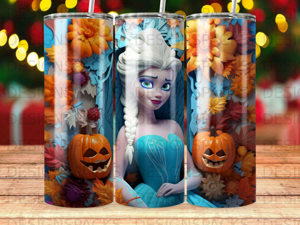 Elsa with pumpkins and autumn flowers on a fall-themed tumbler.