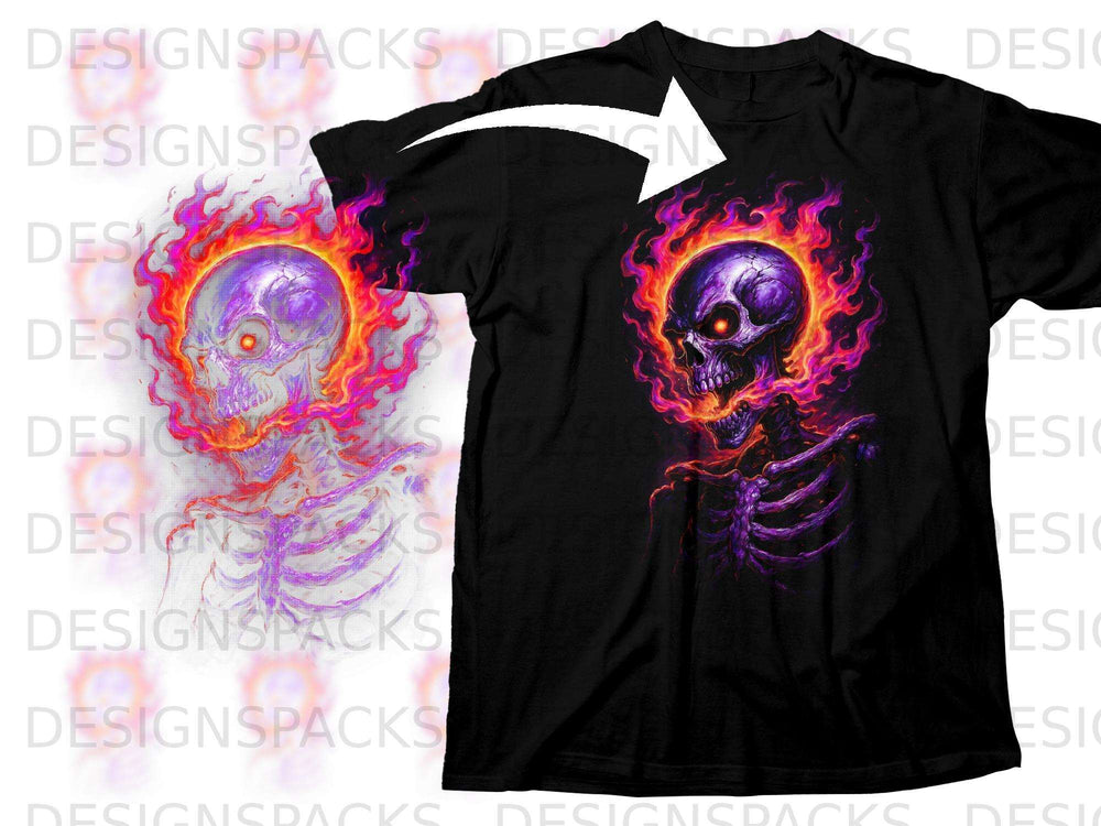 Black t-shirt with a purple skull engulfed in orange and pink flames.