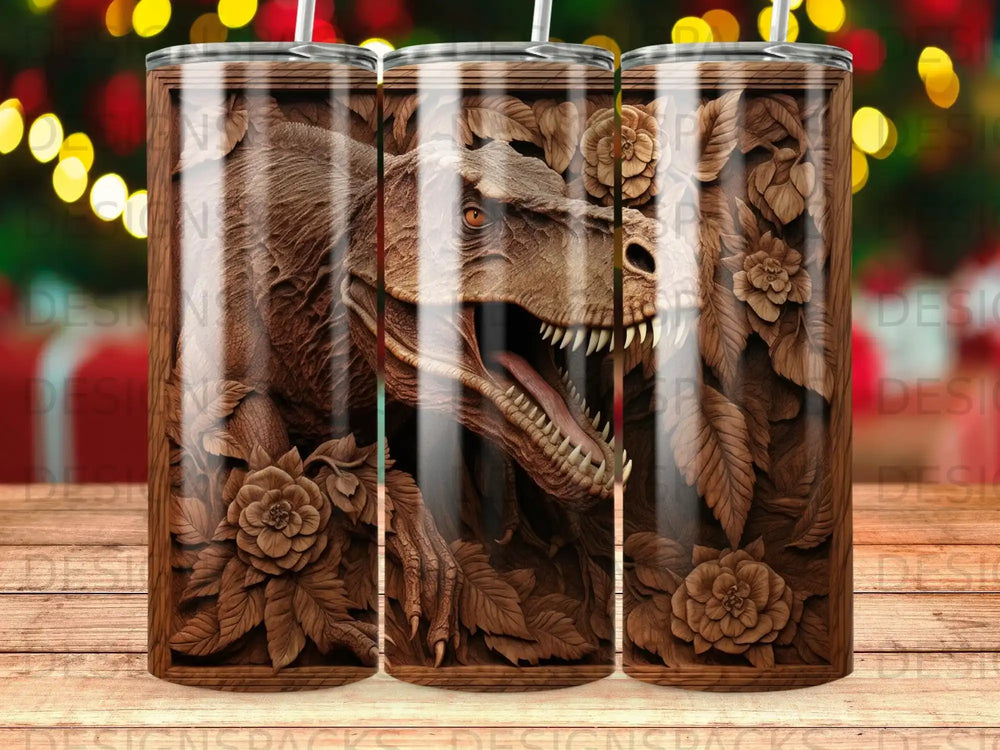 T-Rex skull and floral pattern on a cylindrical tumbler.