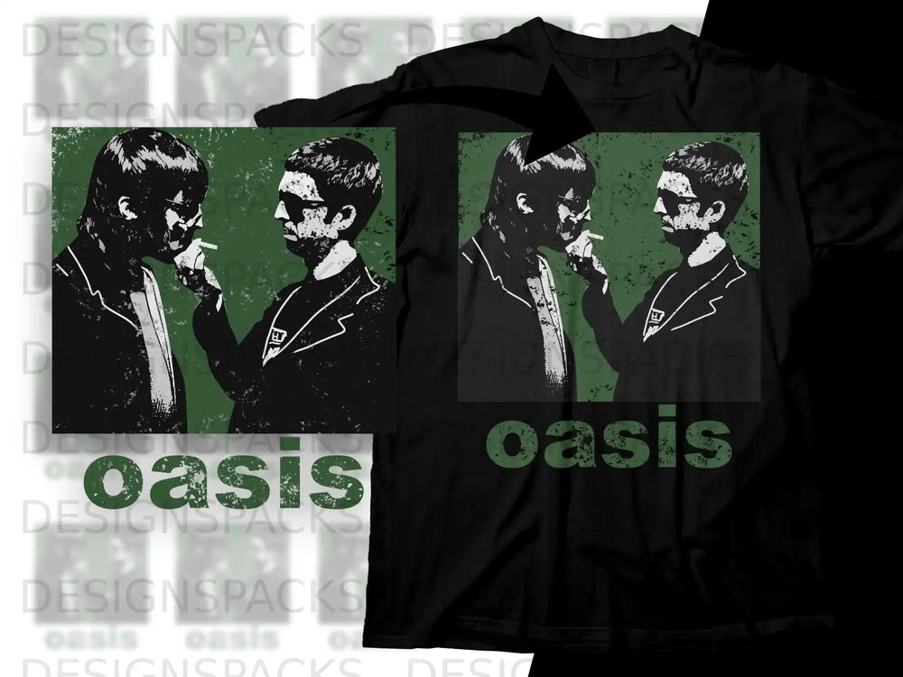 Two men in suits light cigarettes, with the band name "Oasis" below.
