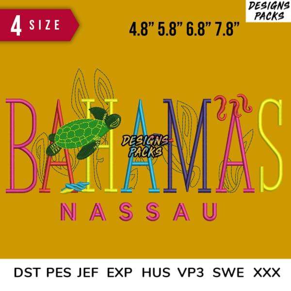 Bahamas Nassau embroidery design with sea turtle, 4 sizes, DST PES JEF formats for instant download