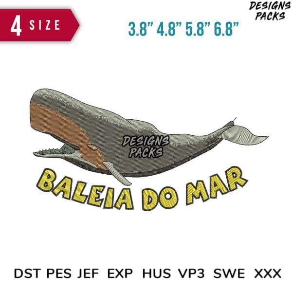 Whale embroidery design 'Baleia do Mar' in 4 sizes, compatible with DST PES JEF formats for instant download.