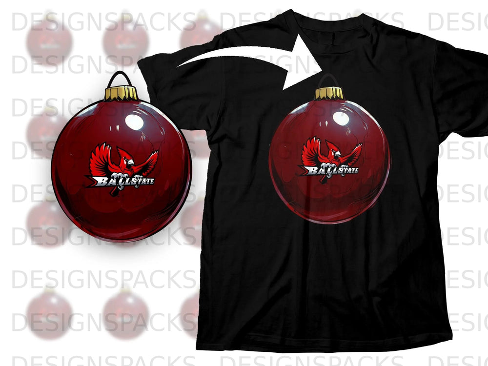 Red ornament with a red cardinal and "BALLSTATE" text on a black t-shirt.