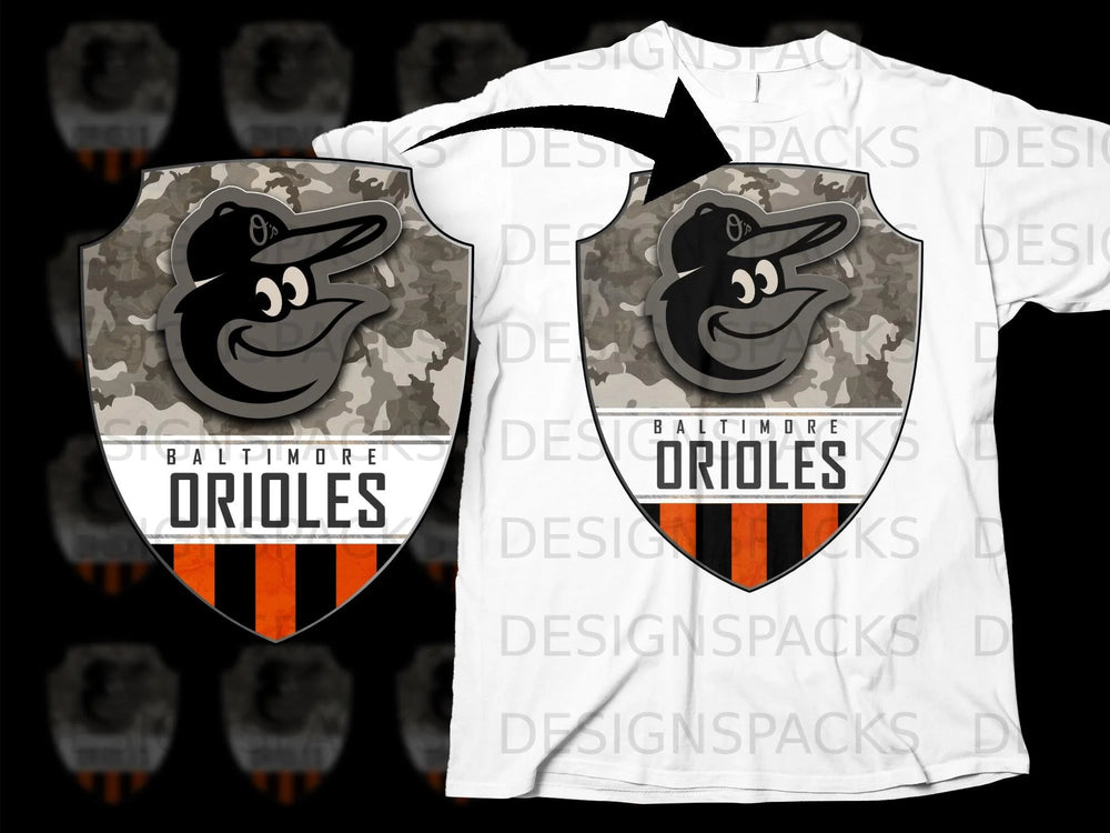 Baltimore Orioles logo with camouflage shield on a white t-shirt.