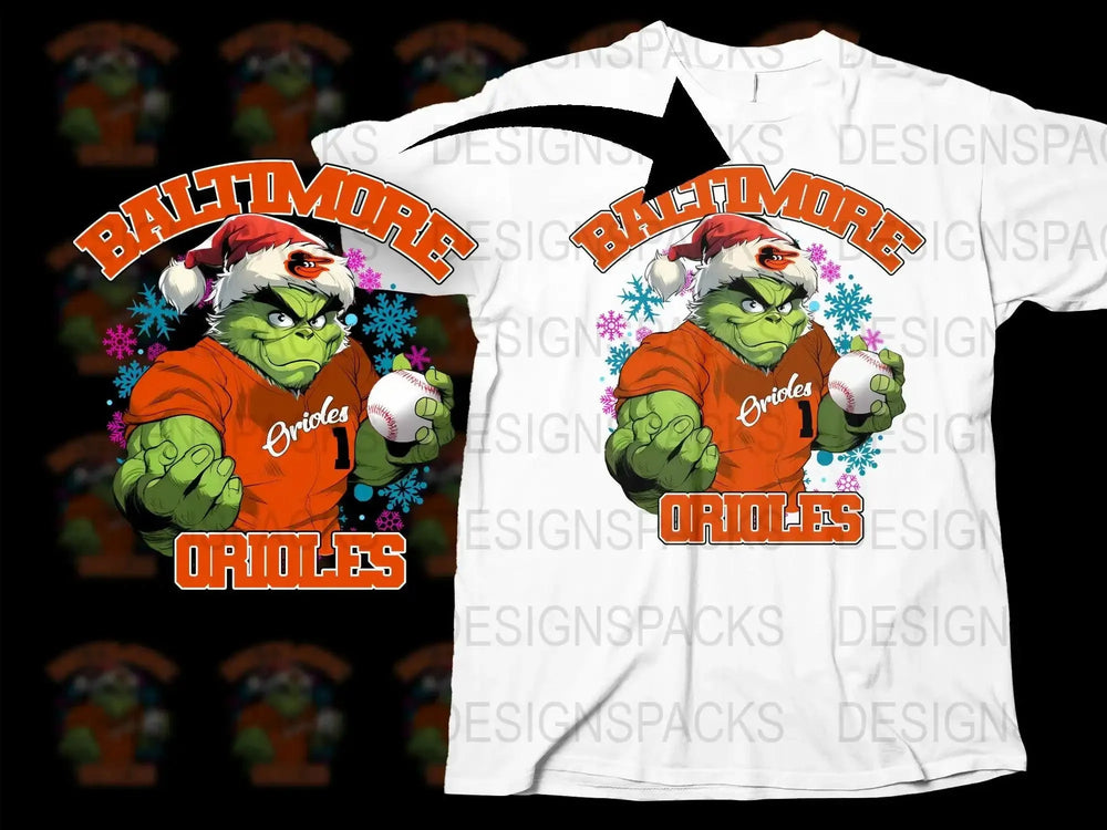 Grinch in Orioles jersey holding baseball, festive snowflakes, Baltimore Orioles design