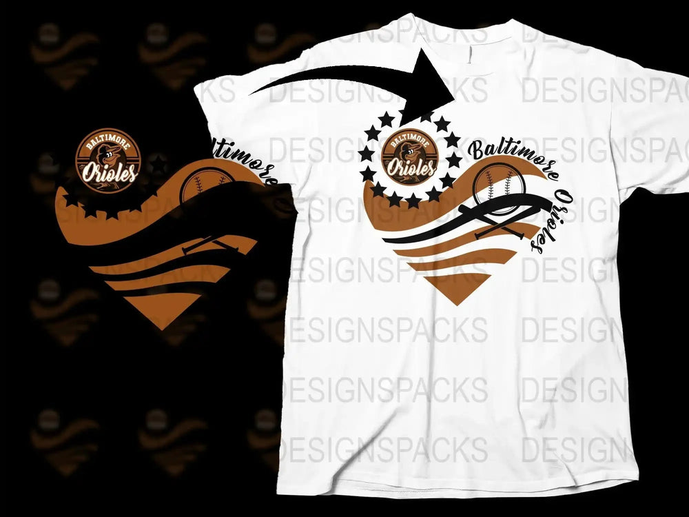 Baltimore Orioles baseball design on white t-shirt with stars and bat graphic