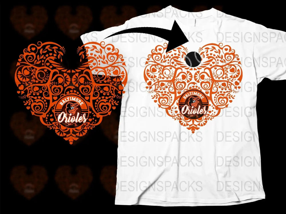 Baltimore Orioles heart design t-shirt with intricate orange patterns and baseball graphic