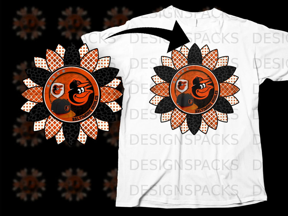 Baltimore Orioles sunflower design with a baseball cap and logo on a white t-shirt.