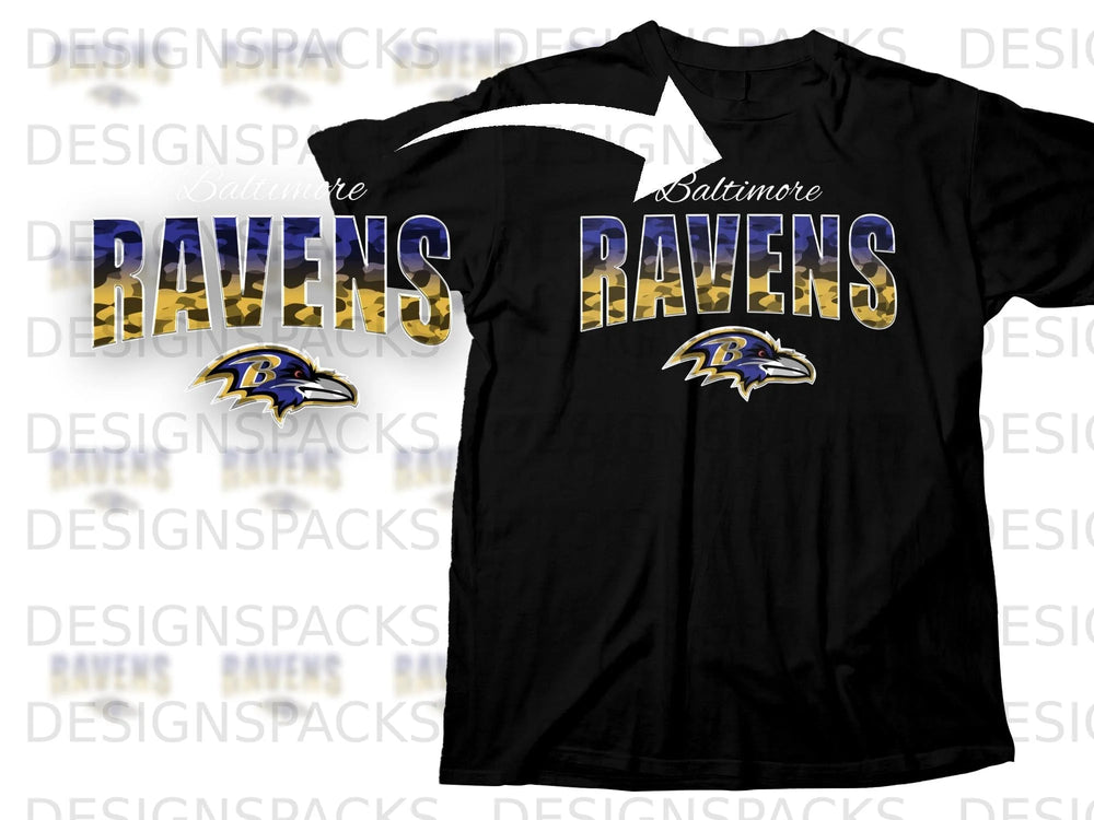 Black t-shirt with "Baltimore Ravens" text and team logo.