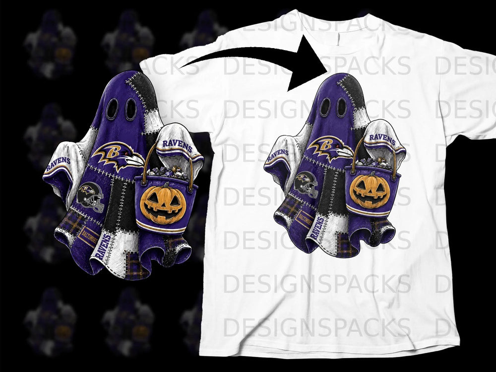 Baltimore Ravens themed Halloween ghost holding candy bucket and pumpkin.